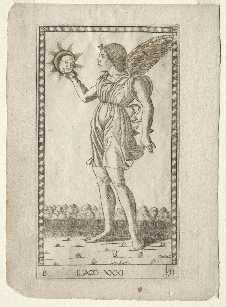 Genius of the Sun z Tarocchi, série B: Cosmic Principles & Virtues, #31, před rokem 1467. od Master of the E-Series Tarocchi