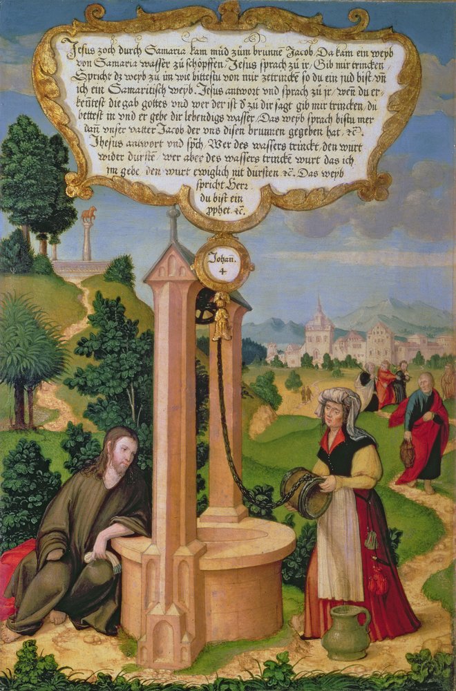 Kristus a žena ze Samaří u Jákobovy studny, část křídlového panelu z Mompelgarterského oltáře (panel) od Matthias Gerung or Gerou