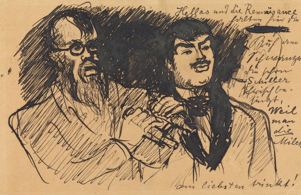 Drei Lenbach-Karikaturen: a) Brustbild; b) Ganzfigur; c) zusammen mit Stuck od Max Slevogt