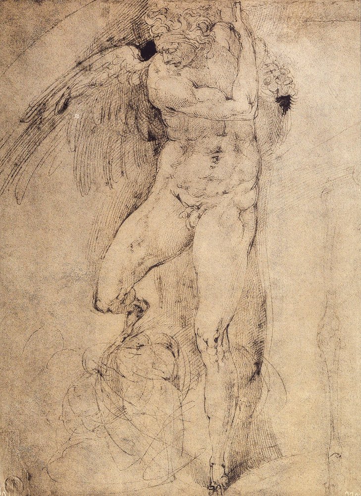 Studie anděla pro Poslední soud: kresba Michelangelo. Casa Buonarroti, Florencie od Michelangelo Buonarroti