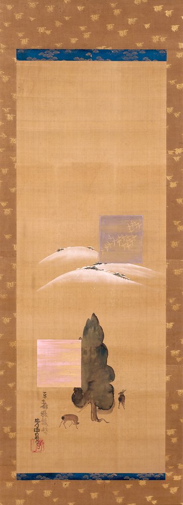 Osm pohledů na Yamato: sníh na hoře Mikasa a jelen v poli Kasuga (inkoust, barva na hedvábí) od Nakamura Hochu