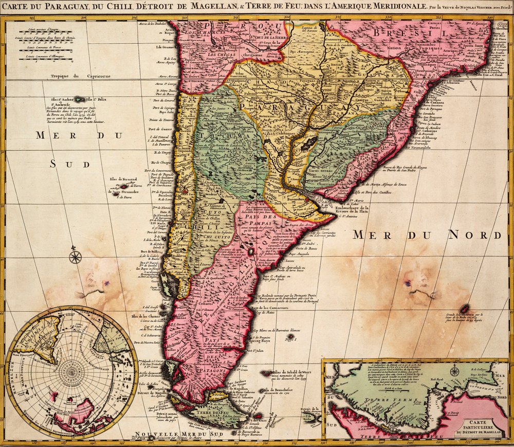 Mapa Paraguaye, Chile, Magellanova průlivu a Ohňové země v Jižní Americe, asi 1720 (kolorovaná rytina) od Nicolaes the Younger Visscher