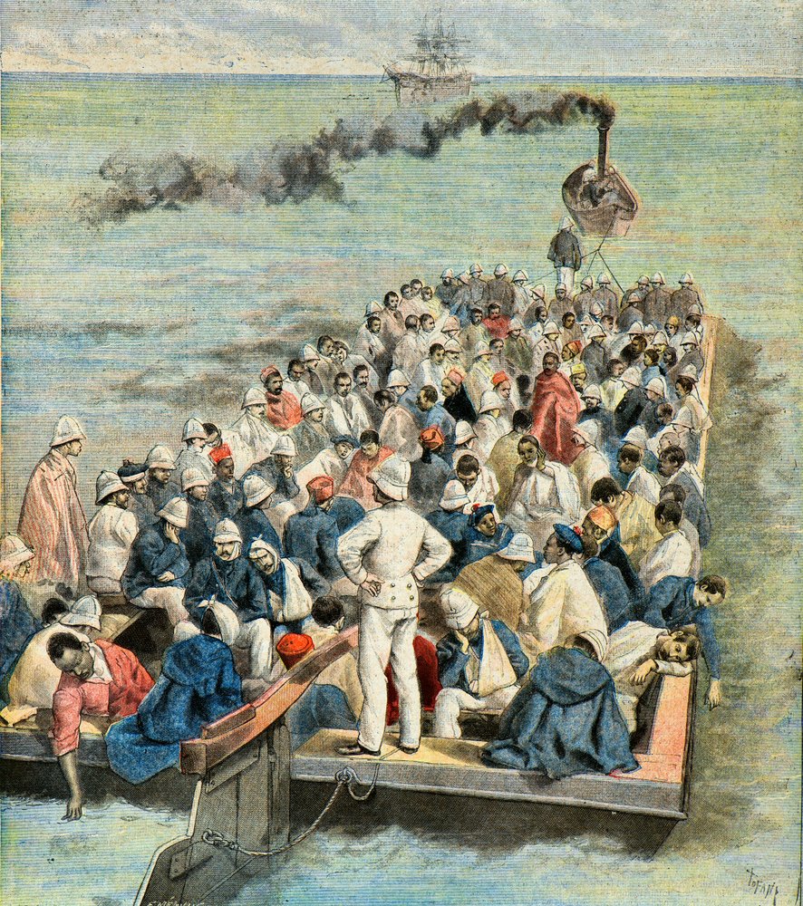Nalodění raněných z madagaskarské expedice do lodní nemocnice v roce 1896 (Rytina) od Oswaldo Tofani