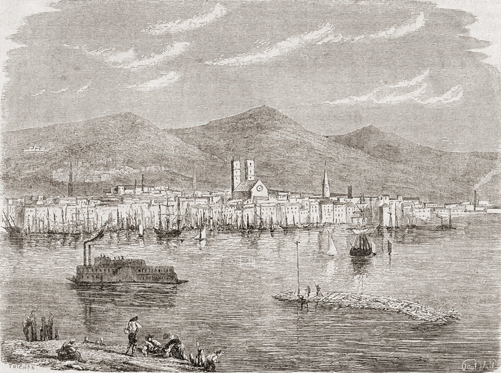 Montreal v 60. letech 19. století, vyryl Auguste Trichon (nar. 1814) od Paul Huet