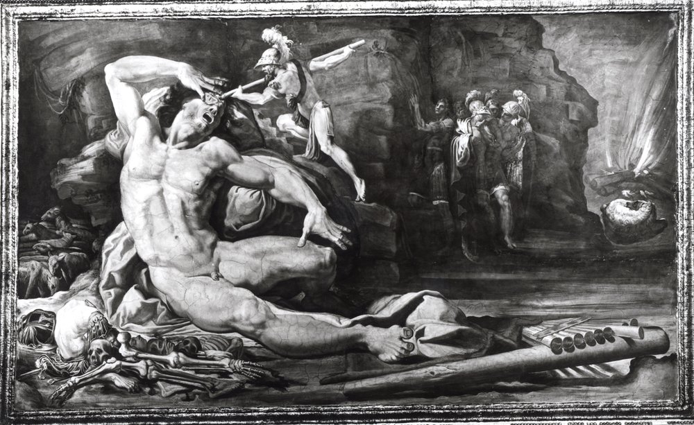 Odysseus oslepuje Kyklopa Polyféma, vlys se scénami z Odysseových dobrodružství od Pellegrino Tibaldi
