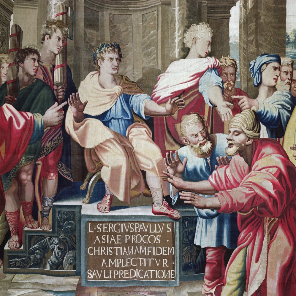 Tapiserie zobrazující Skutky apoštolů, oslepení Elymasa detail oslepeného čaroděje Elymase a prokonzula Sergeje Paula, tkané v dílně v Beauvais pod vedením P. od Raffaello Sanzio Raphael