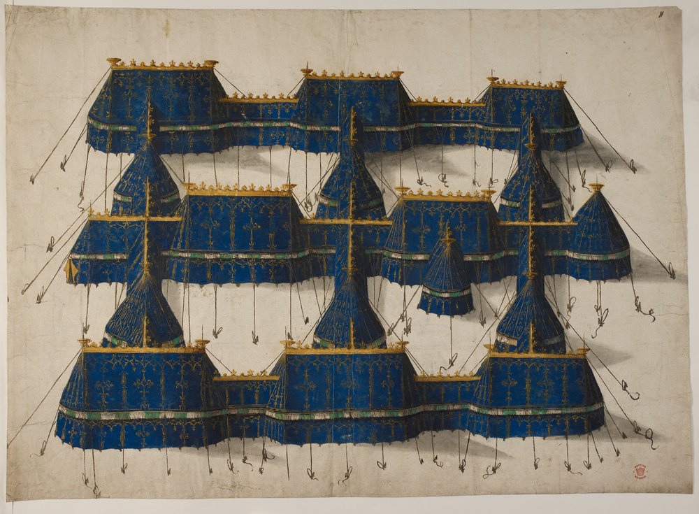 Návrh pro královský pavilon v modré a zlaté barvě, cca 1520 (vellum) od School Netherlandish
