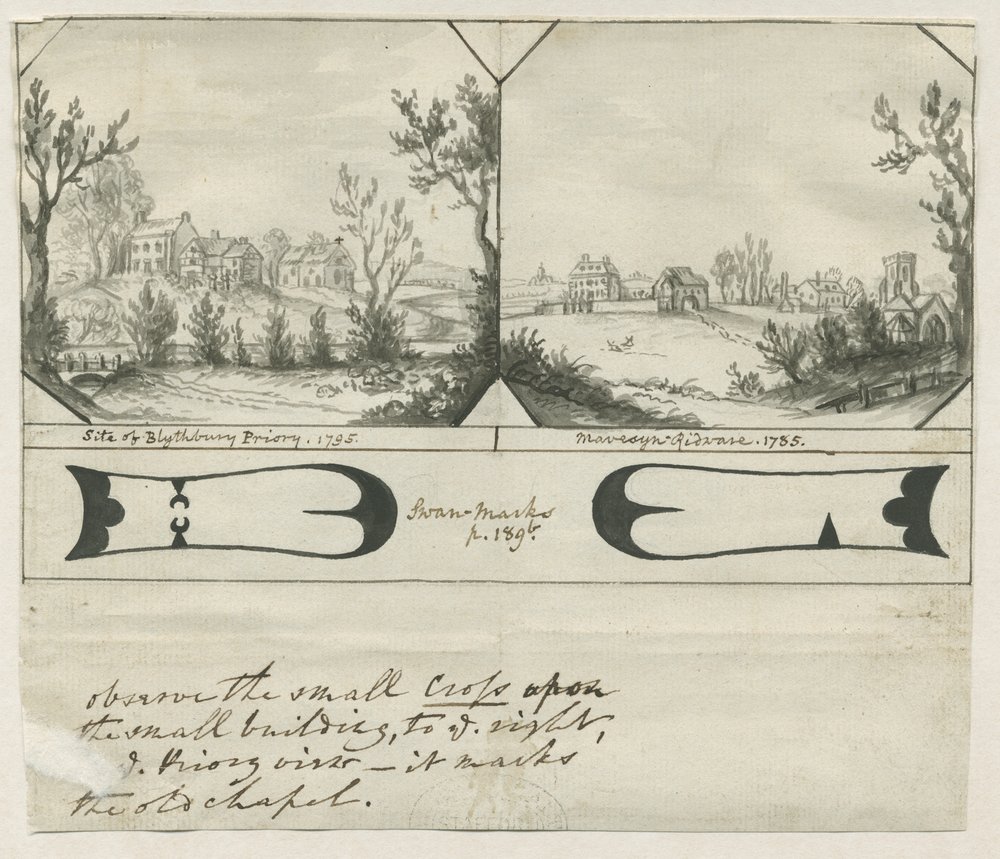 Mavesyn Ridware – Site of Blythbury Priory: kresba tuší, 1795 od Stebbing Shaw