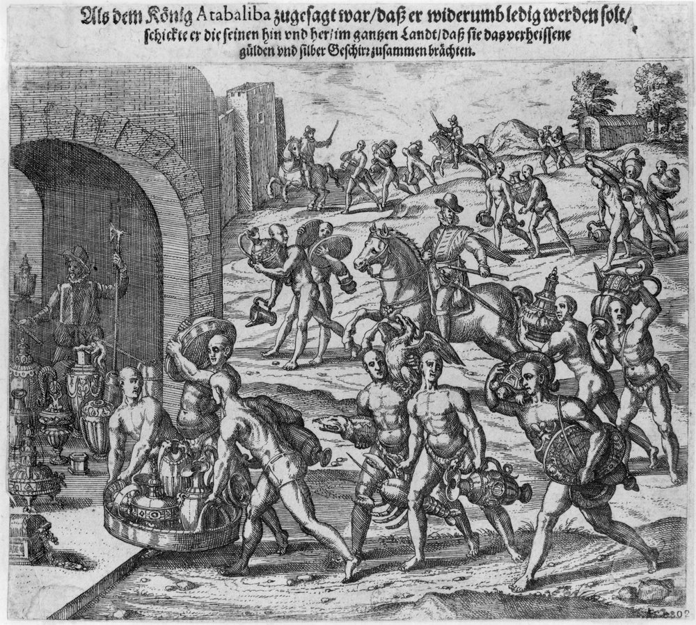 Výkupné, které král Atahualpa (kolem 1502-33) nabídl Franciscu Pizarrovi, 1533 od Theodore de Bry