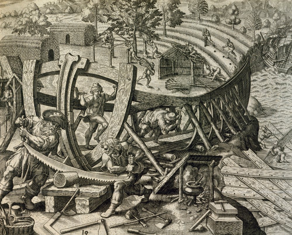 Španělští námořníci staví karavelu, rytina z Historia Americae, Theodor de Bry (1528-1598) od Theodore de Bry