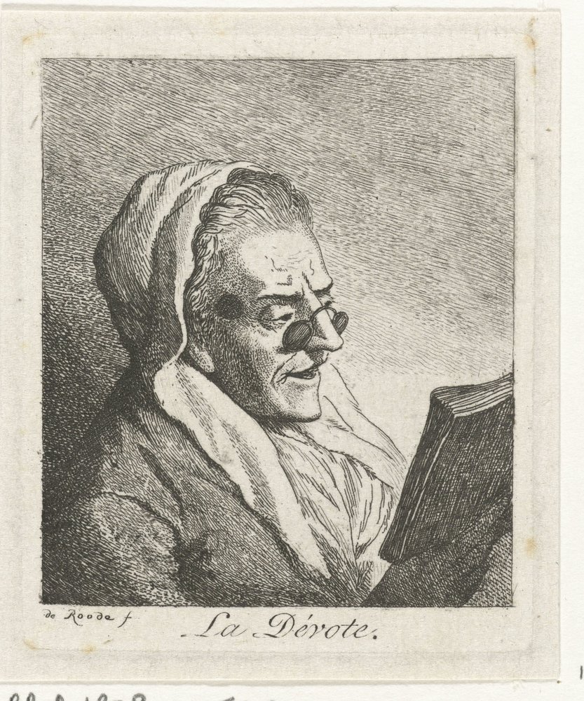Čtení stará žena s pince-nez La Dévote (název na objektu) od Theodorus de Roode