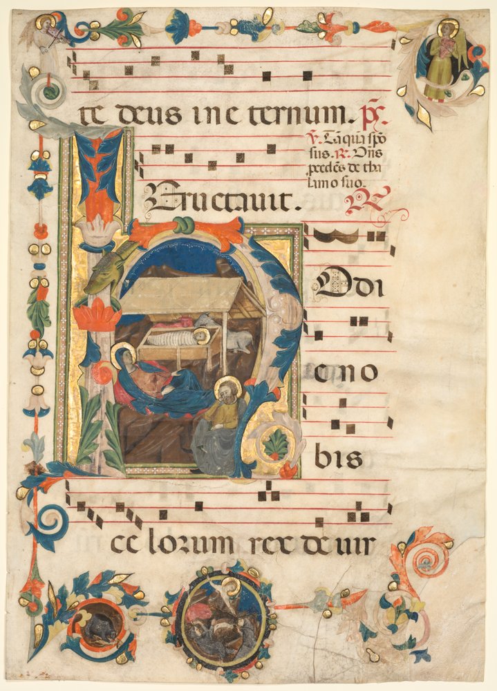 List z antifonáře s historickou iniciálou H s The Nativity recto, počátek 13. století. od Unbekannt