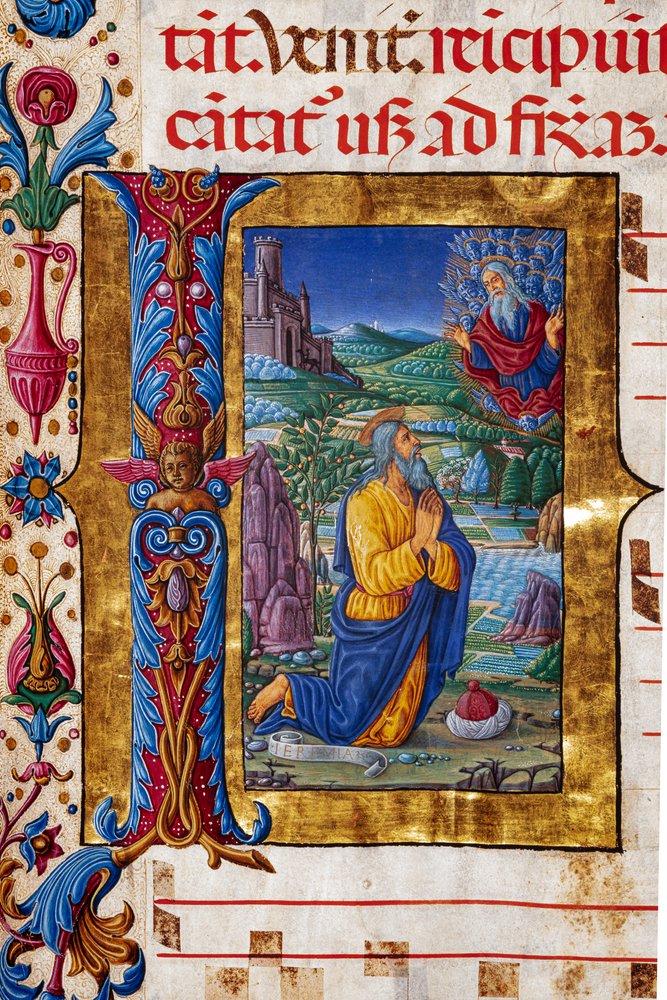 Piccolomini Library: Choir Book, cod. 7.G, násl. 40v s „Jeremiášovou vizí“, od Guidoccia Cozzarelliho. Detail. od Unbekannter Künstler