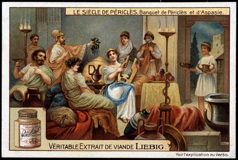 Století Perikla (495-429 př. n. l.): hostina Perikla a Aspasie (470-400 př. n. l.) - Liebigova chromolitografie od Unknown artist