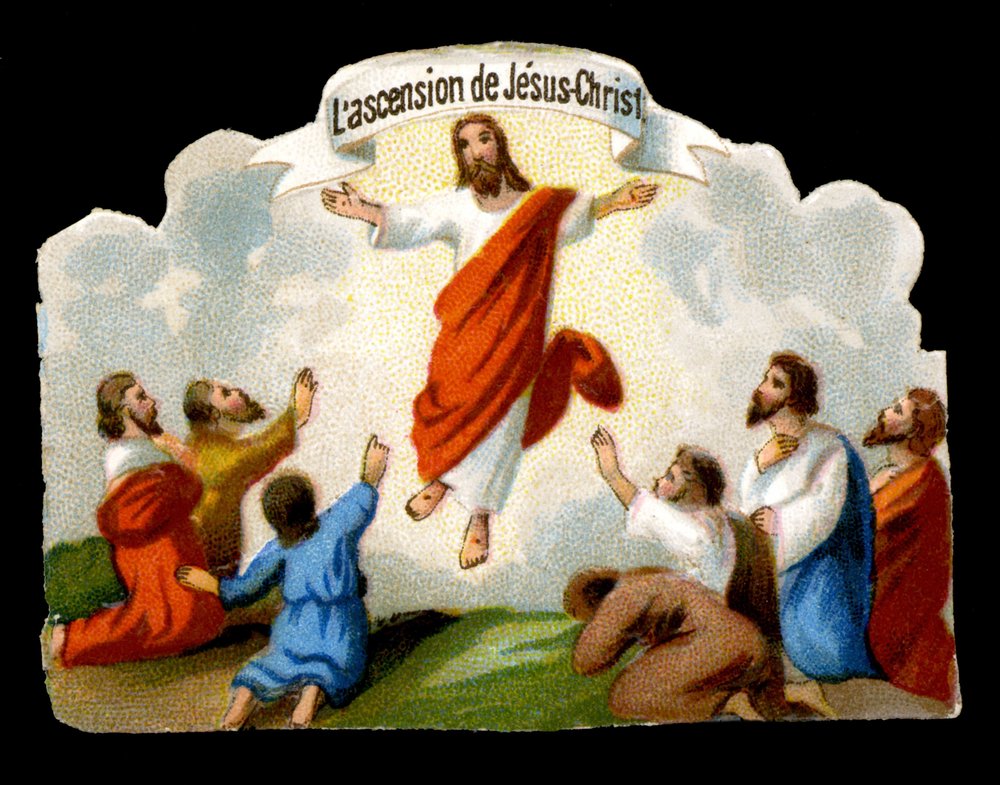 Nanebevstoupení Krista do Olivetské zahrady před apoštoly. Chromolitografie 19. století. od Unknown artist