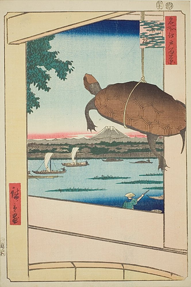 Mannenův most, Fukagawa (Fukagawa Mannenbaši), č. 56 ze série "Sto slavných pohledů na Edo (Meisho Edo hyakkei)" od Utagawa Hiroshige