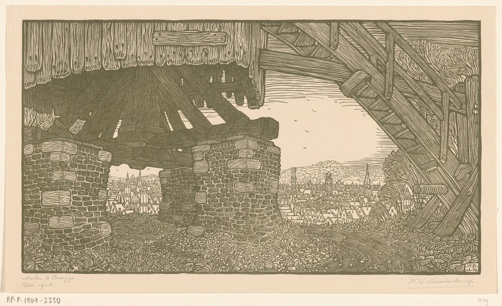 Spodní část mlýna na mouku v Bruggách Větrný mlýn v Bruggách (původní název) od Wijnand Otto Jan Nieuwenkamp (signed by artist)
