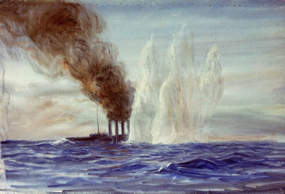 "Southampton" v bitvě u Jutska, asi 1916-18 (akvarel) od William Lionel Wyllie