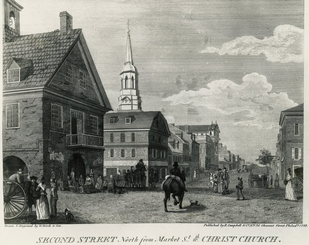 Druhá ulice na sever od Market Street a Christ Church, Philadelphia, kresba William Russell Birch (1755-1834), tisk R Campbell, Spojené státy americké od William Russell Birch