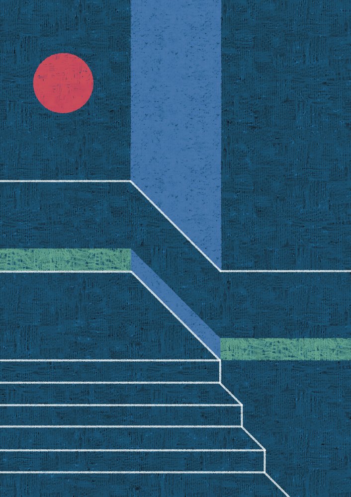 Červený kruh, modré schody od Amy Louise Baker