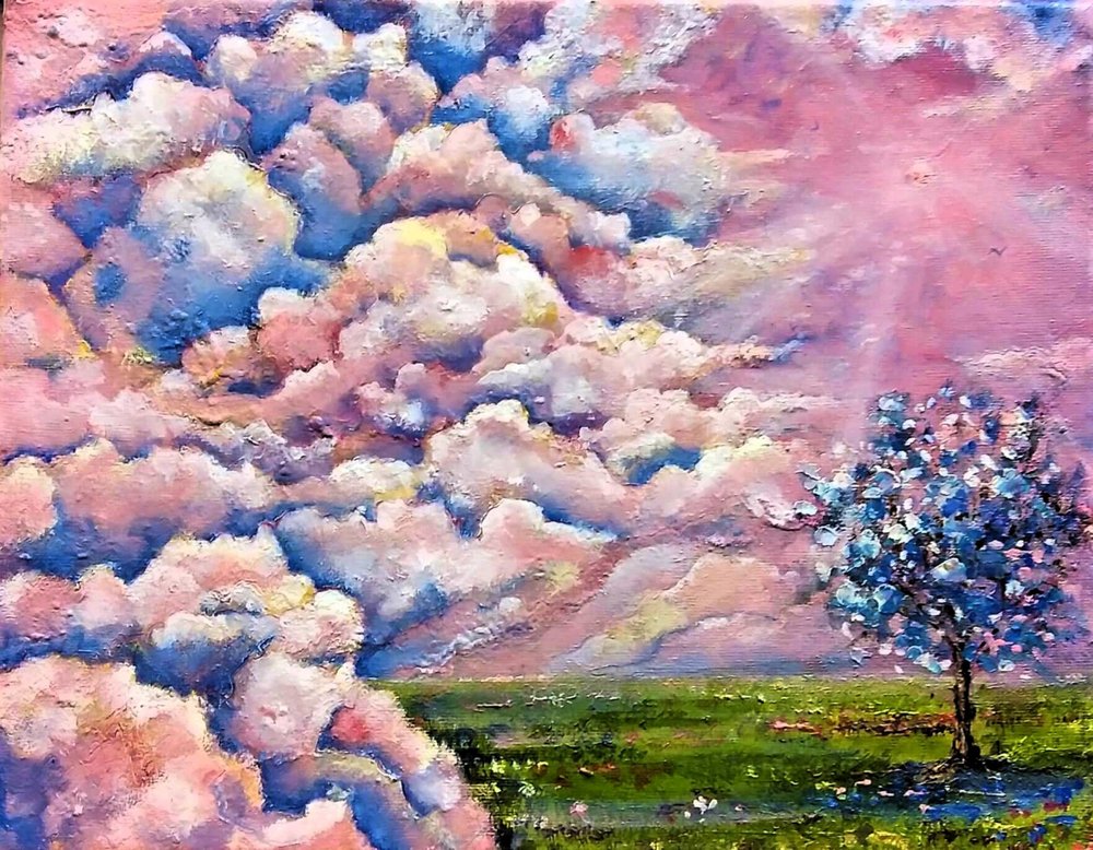Růžová obloha, modrý strom od Anda Bieza