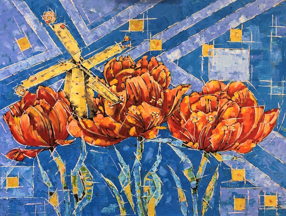Zářivé tulipány u větrného mlýna od Anda Bieza