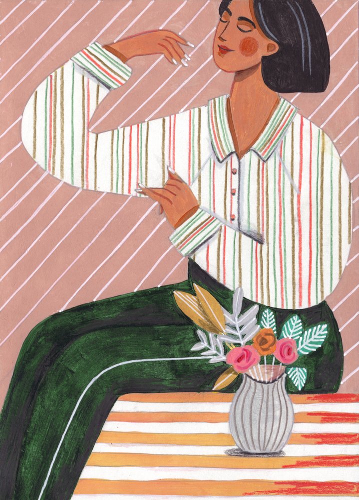 Žena v pruhované košili a zelených kalhotách od Caroline Bonne Müller