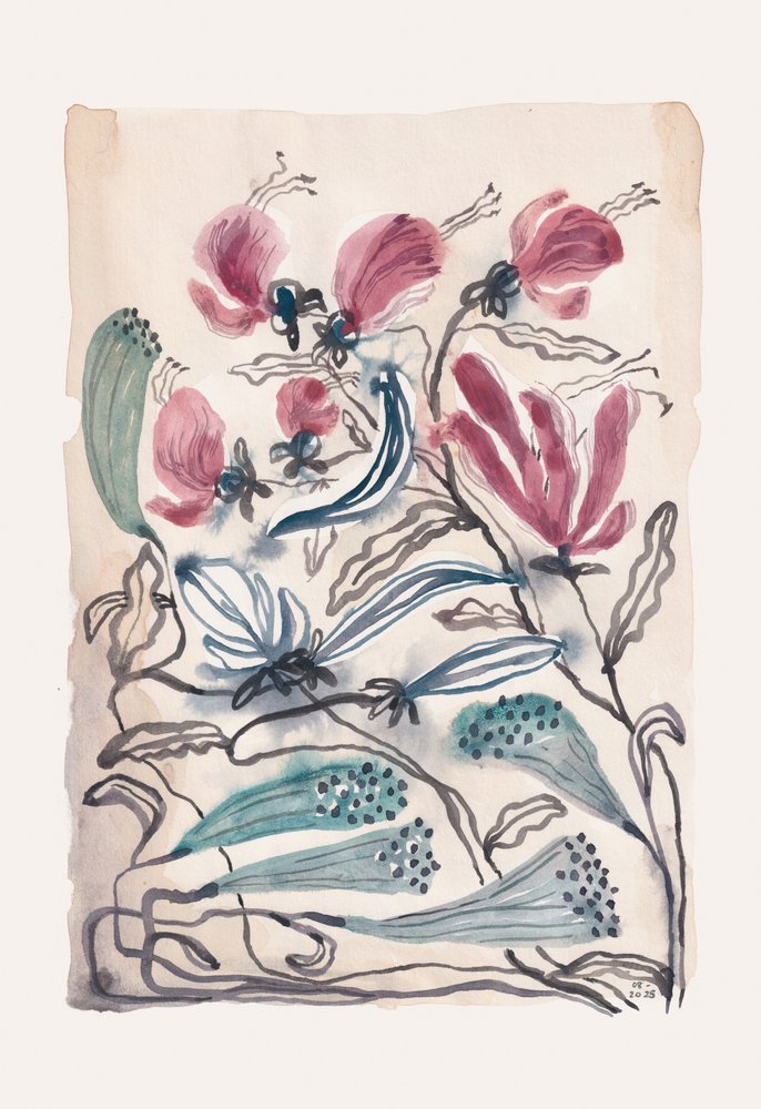 Růžové a tyrkysové rostlinné motivy od Catalina Somolinos