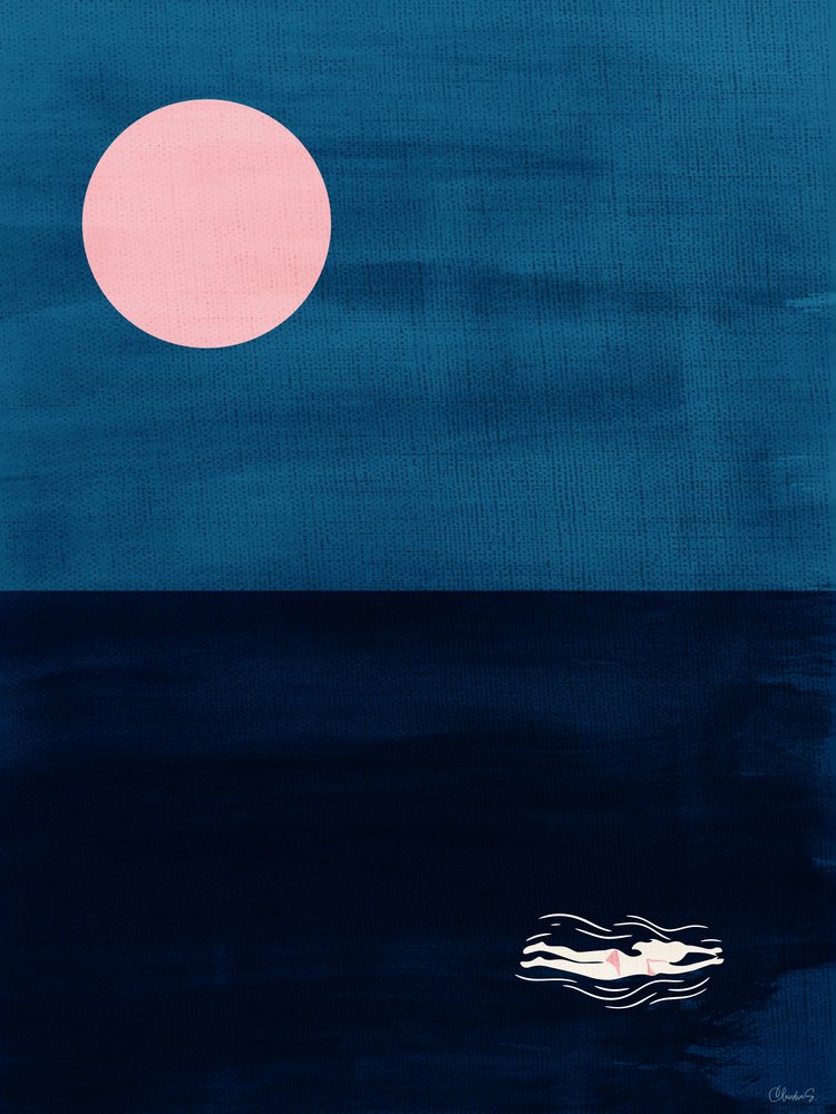 Umělecký tisk „Midnight Swim Pink Moon“ – abstraktní motiv oceánu od Claudia Spano'