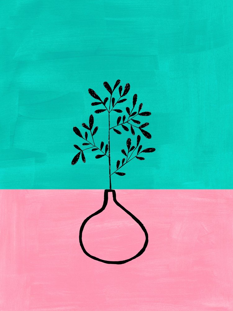 Růžovo-tyrkysová váza s botanickým motivem od Ejaaz Haniff