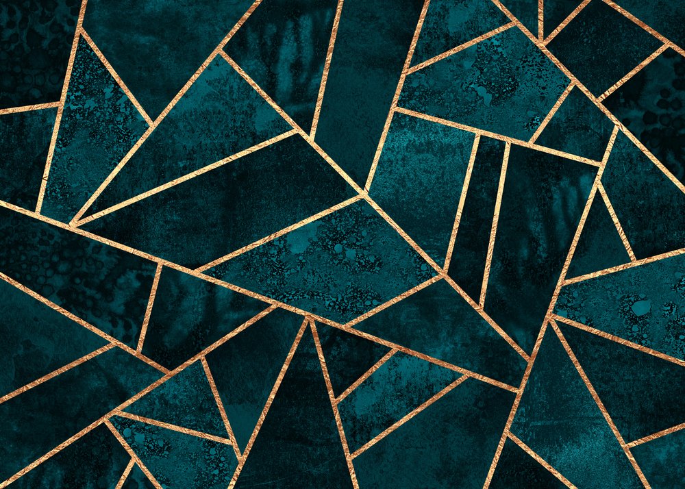 Geometrická mozaika v barvě tyrkysové a zlaté od Elisabeth Fredriksson