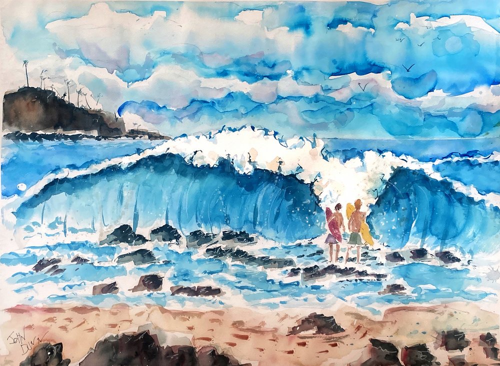 Surfaři na pláži s velkými vlnami od John Dunn