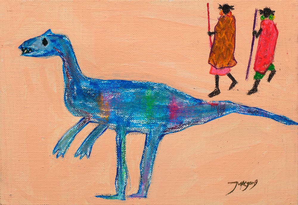 Procházka s modrým dinosaurem v kmenovém stylu od Jukyong Park