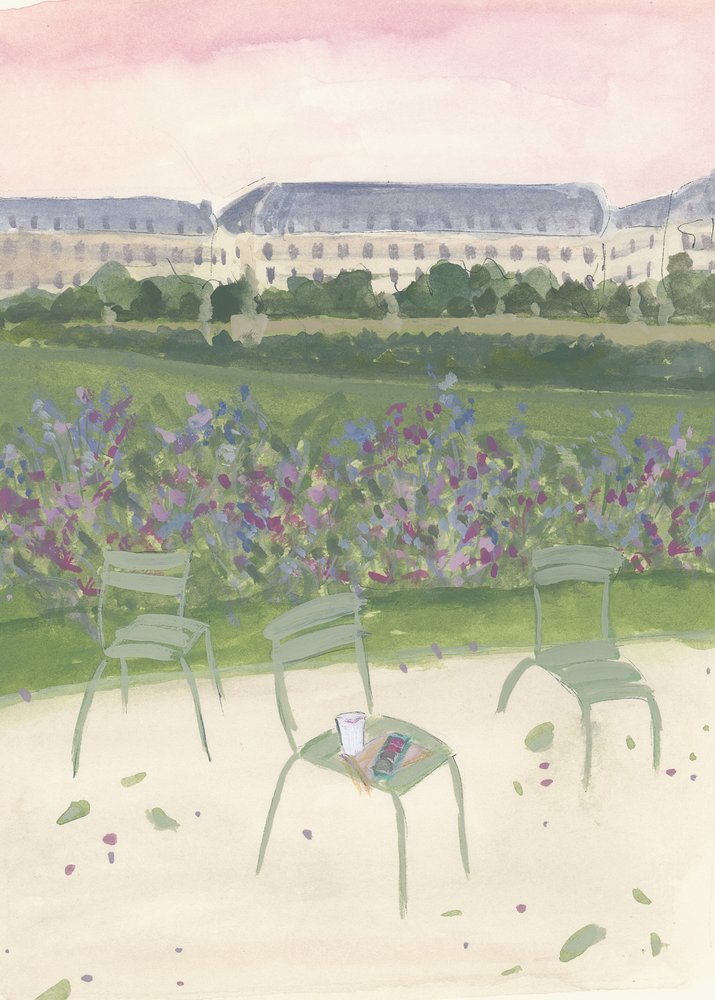 Akvarelová ilustrace pařížské zahrady od Katharina Puritscher