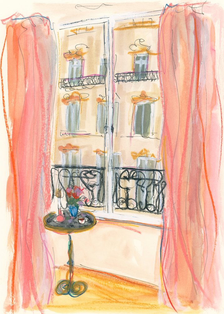 Ilustrace s výhledem z pařížského okna od Katharina Puritscher