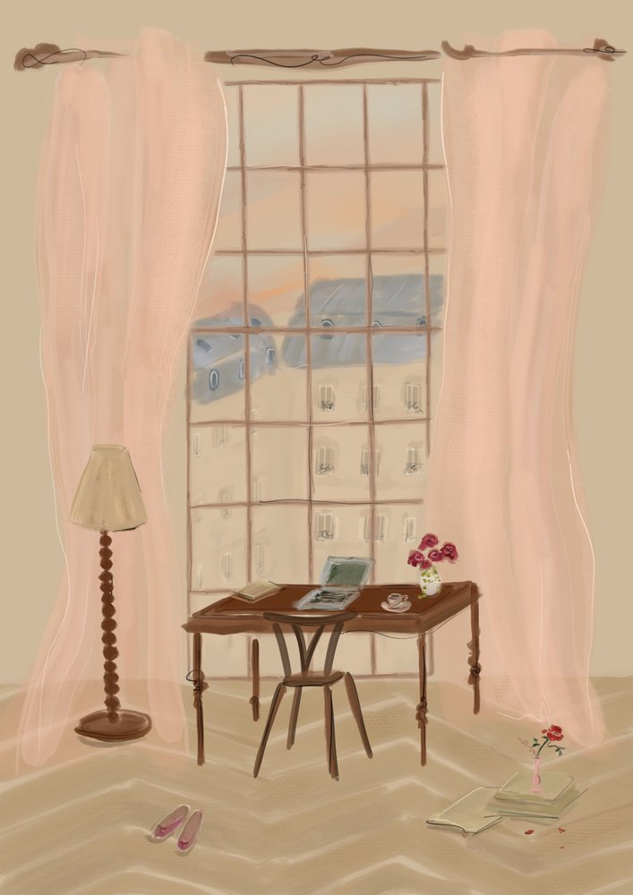 Ilustrace s výhledem z pařížského okna a rustikálním psacím stolem od Katharina Puritscher