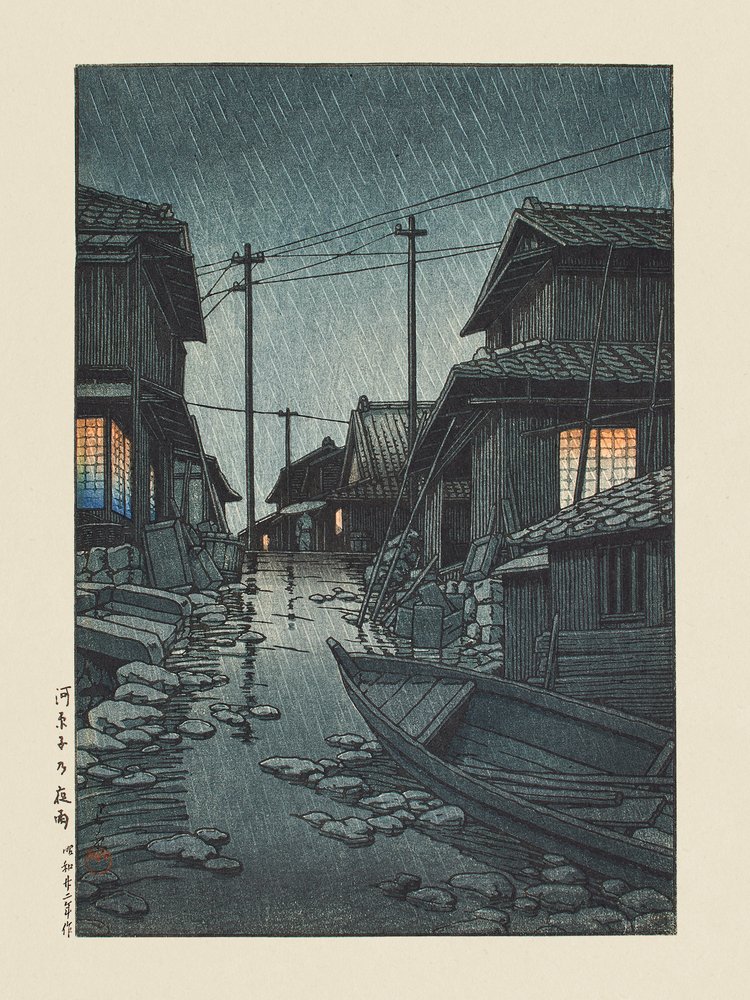 Kawarago No Yau – Noční déšť v Kawaragu, 1947 od Kawase Hasui