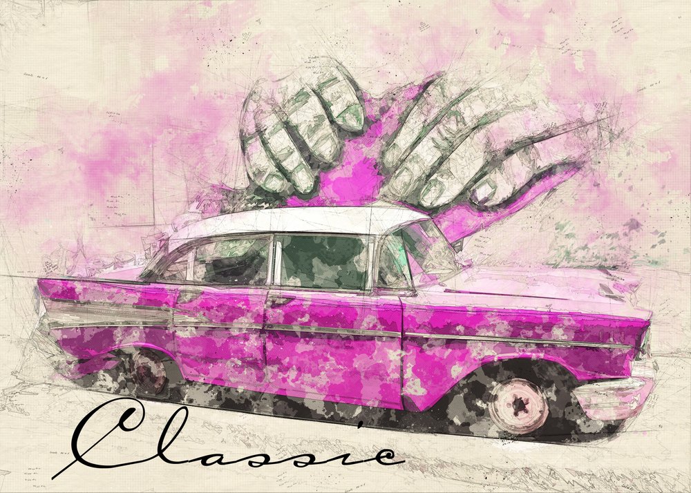Klasické růžové vysněné auto od Lembayung senja studio [Vintage Poster]