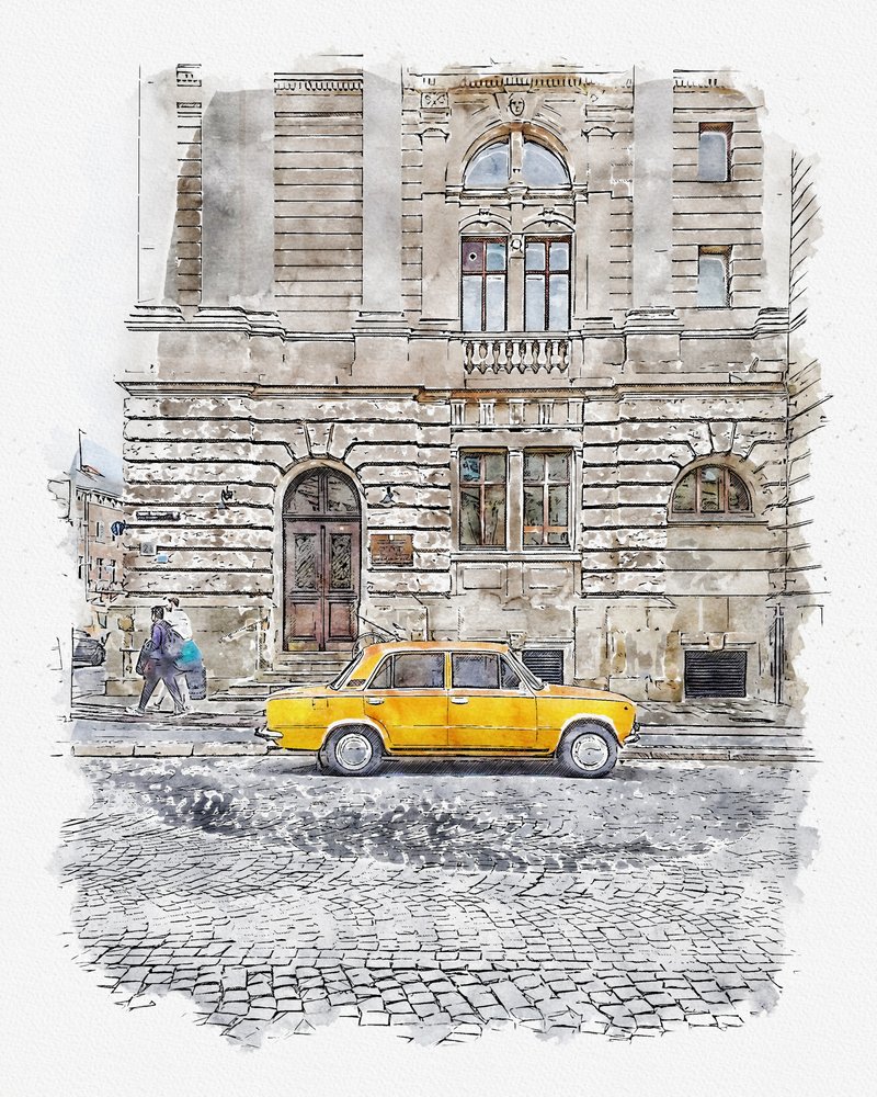 Ulice s klasickými žlutými auty od Lembayung senja studio [Vintage Poster]