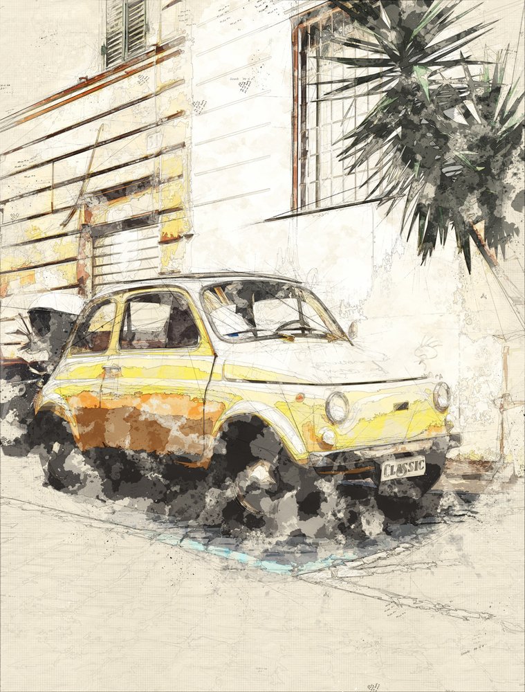 Klasický žlutý Fiat od Lembayung senja studio [Vintage Poster]