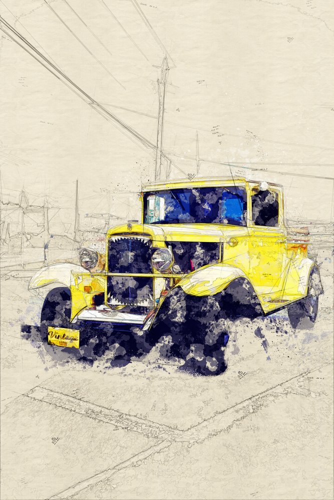 Klasický žlutý pickup od Lembayung senja studio [Vintage Poster]