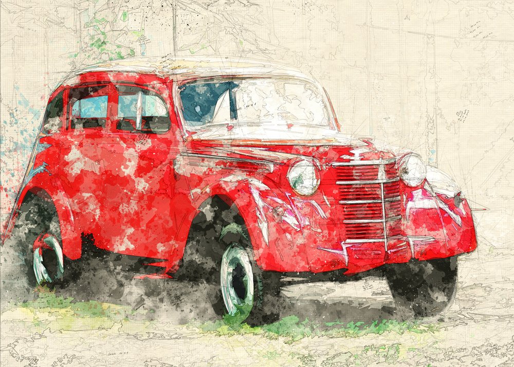 Červené staré auto od Lembayung senja studio [Vintage Poster]