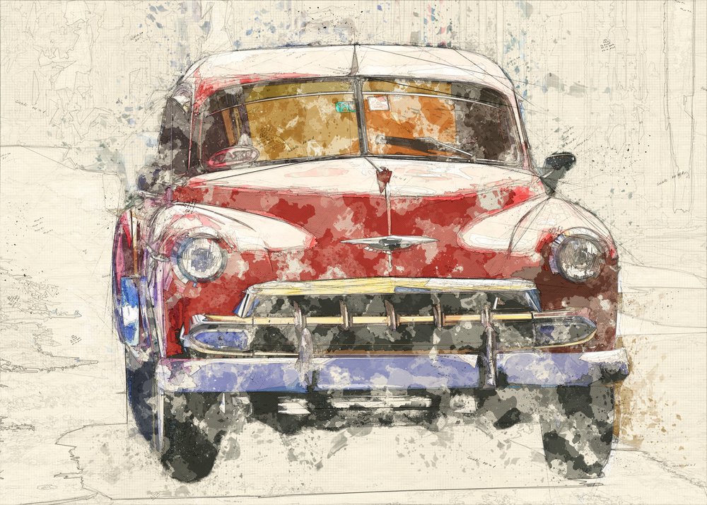 Červené veteránské auto od Lembayung senja studio [Vintage Poster]