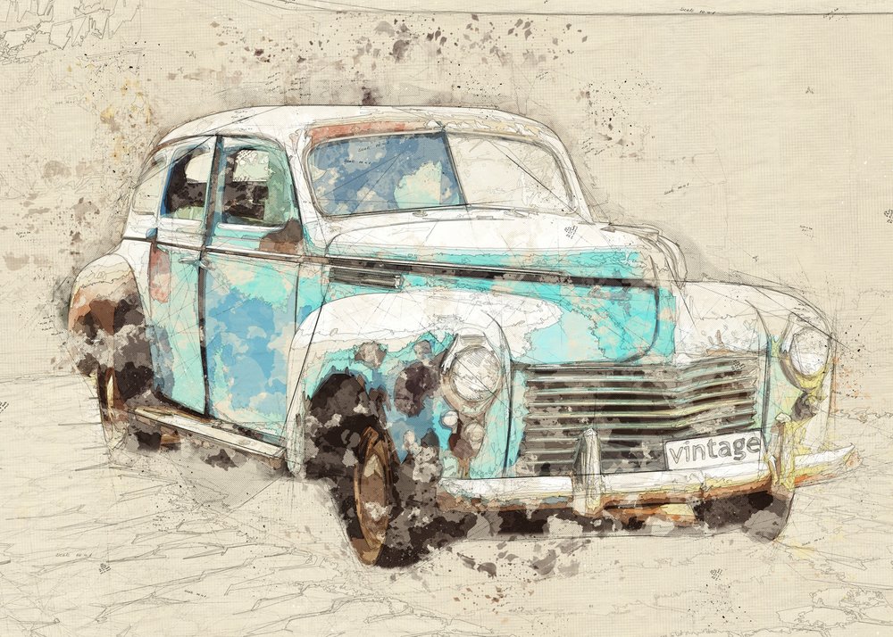 Vintage auto v rustikálním modrém provedení od Lembayung senja studio [Vintage Poster]