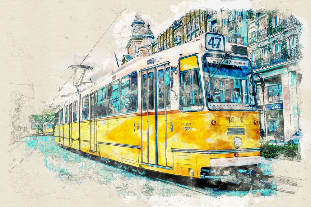 Městská tramvaj – akvarel od Lembayung senja studio [Vintage Poster]