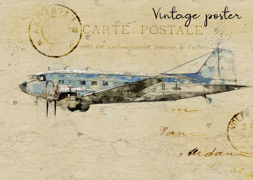 Retro pohlednice s letadlem od Lembayung senja studio [Vintage Poster]