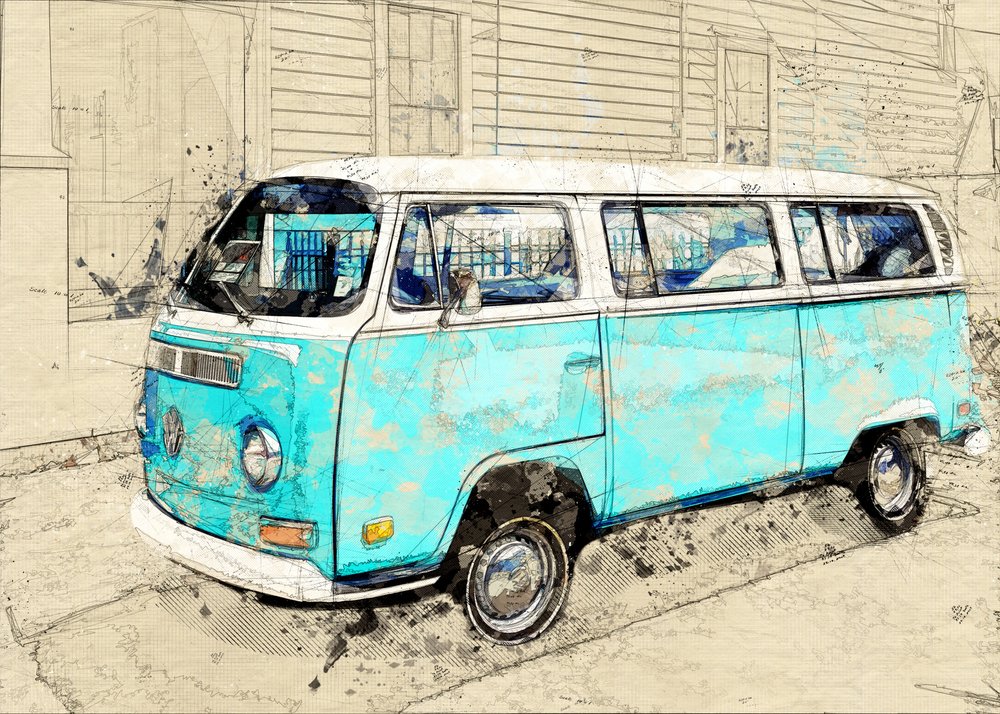 Vintage modrý obytný vůz od Lembayung senja studio [Vintage Poster]