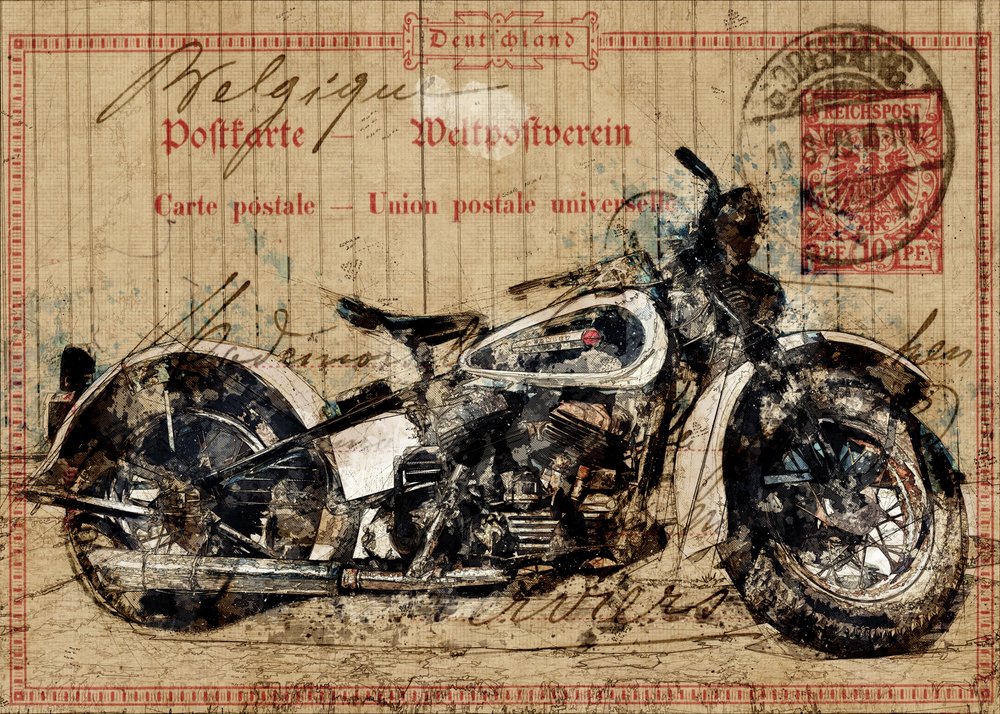Retro pohlednice s motivem motocyklu od Lembayung senja studio [Vintage Poster]
