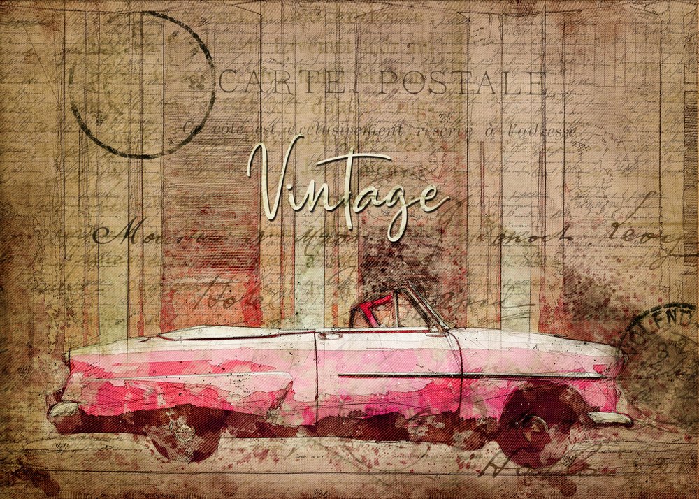 Retro růžové auto od Lembayung senja studio [Vintage Poster]