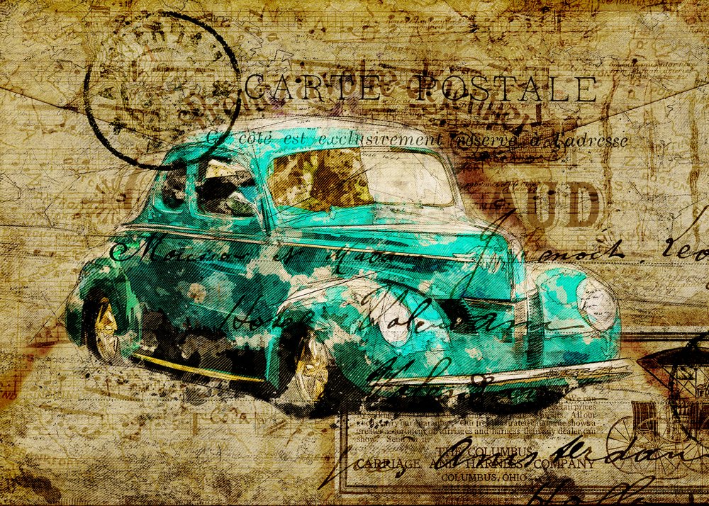 Retro pohlednice s modrozeleným autem od Lembayung senja studio [Vintage Poster]